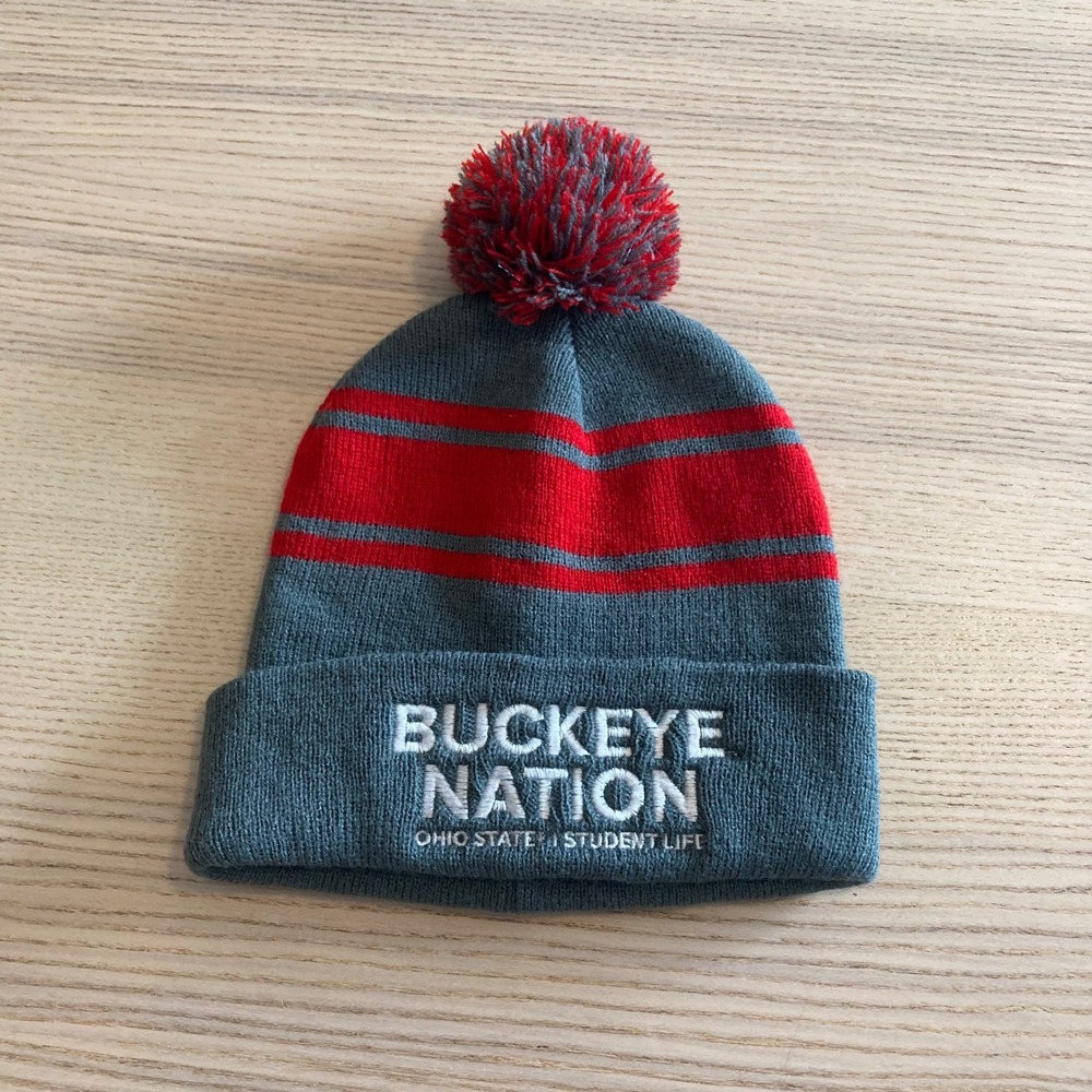 Ohio State Buckeye Nation Beanie Hat Gray Red Pom School Preppy OSU Student Life